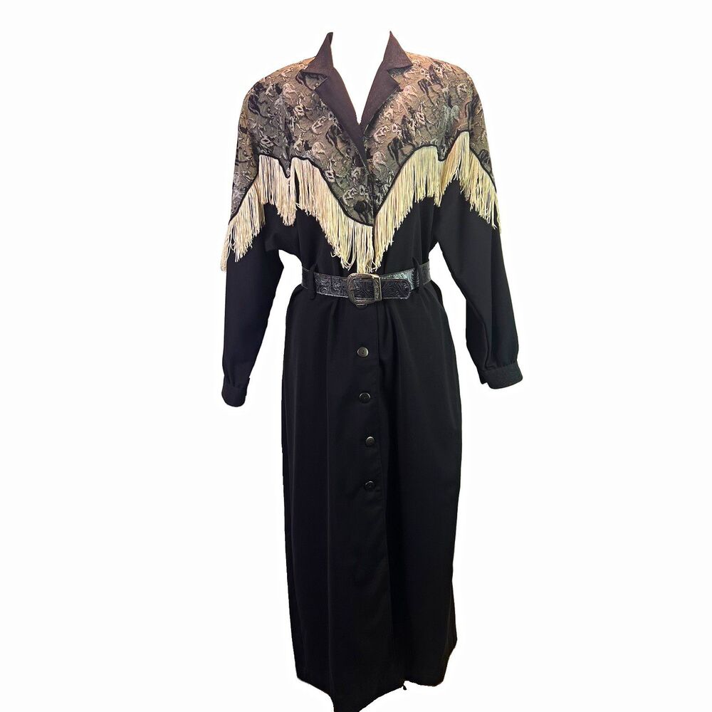 Vintage 80s 90s Roper Western Fringe Maxi Dress Size 7/8 Black USA